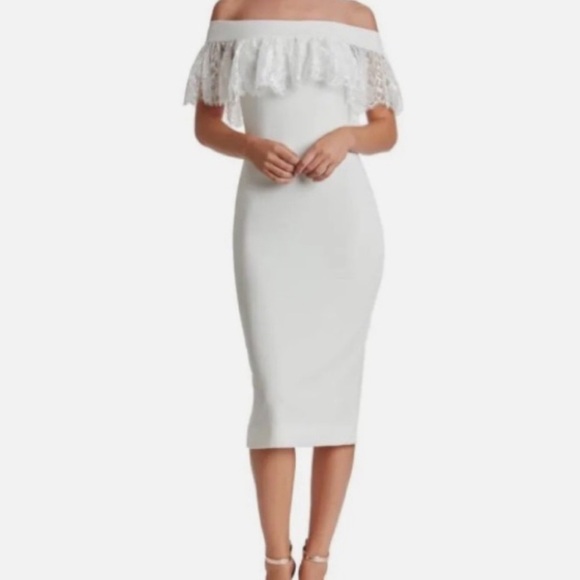 Dress the Population Alice Off the Shoulder Lace Midi Dress in Ivory Size Small - Picture 5 of 9